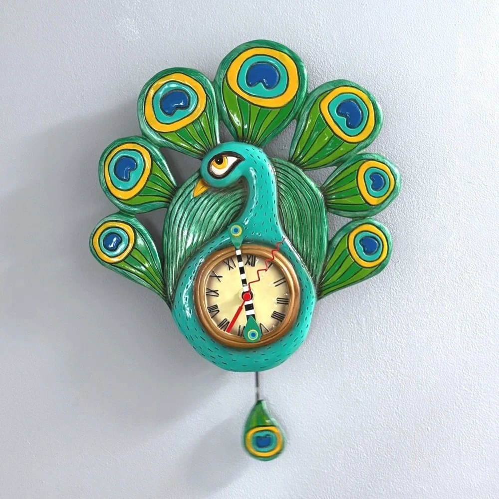 Allen Designs Peacock Pendulum Wall Clock Whimsical Teal‎ Resin Bird Timepiece